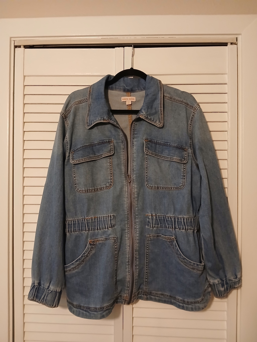 Medium Wash Blue Denim Utility Zip Front Jacket